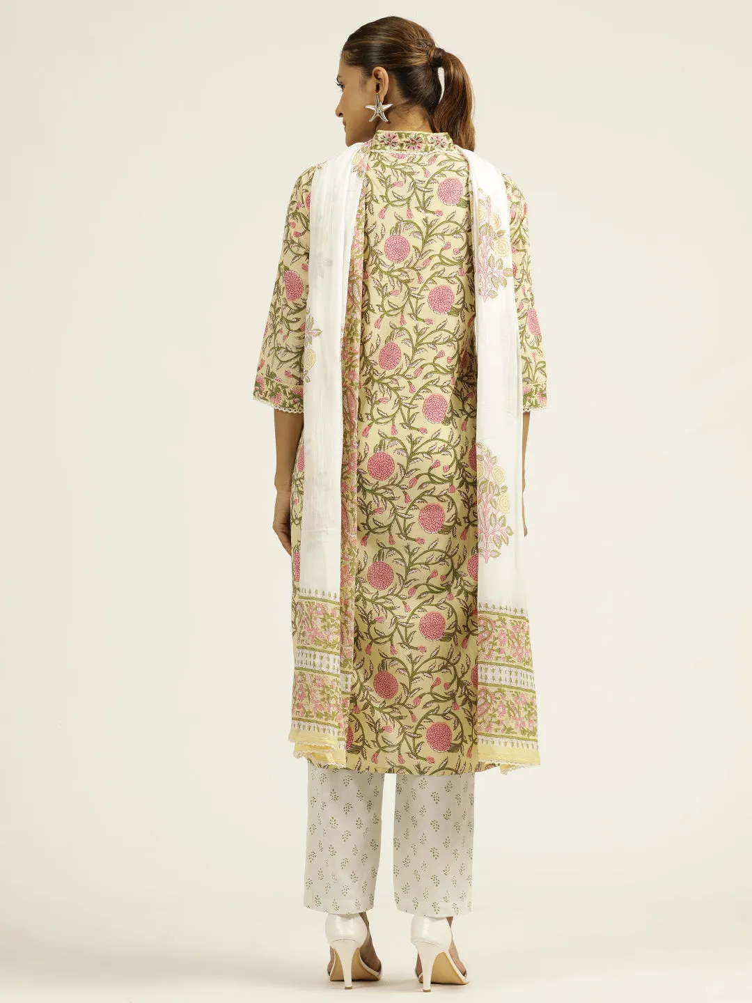 Light Yellow Ethnic Motif Cotton Hand Embroidered Suit Set