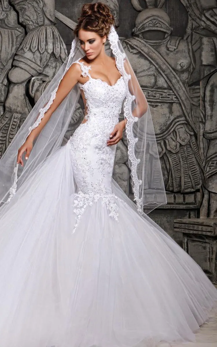 Magnificent Tulle Mermaid Lace Wedding Dress With Train-700518