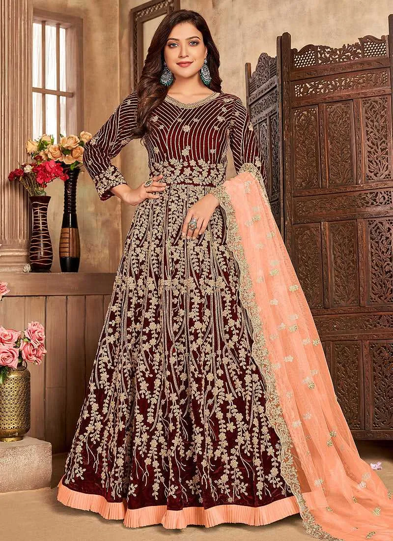 Maroon Heavy Embroidered Kalidar Velvet Anarkali Suit