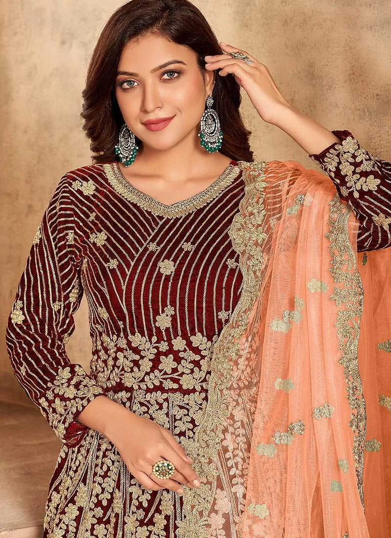 Maroon Heavy Embroidered Kalidar Velvet Anarkali Suit