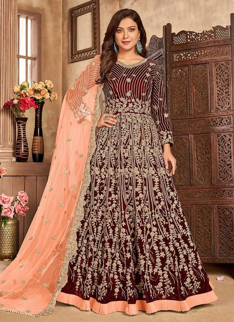 Maroon Heavy Embroidered Kalidar Velvet Anarkali Suit