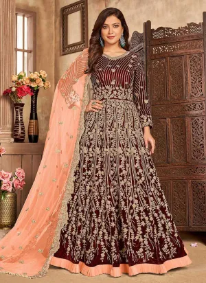 Maroon Heavy Embroidered Kalidar Velvet Anarkali Suit
