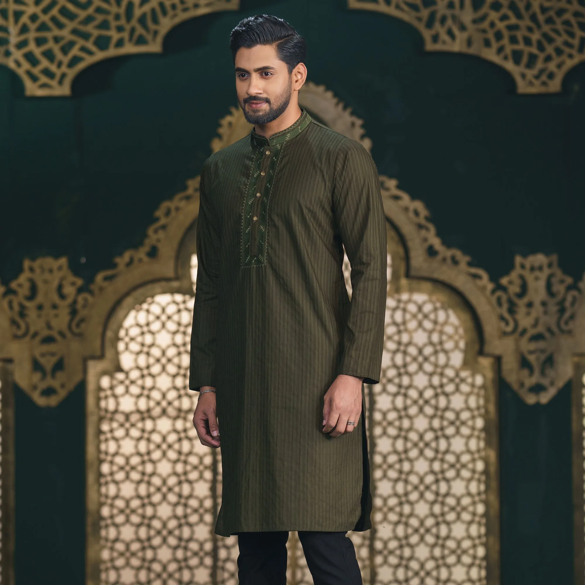 Mens Olive Embroidered Panjabi