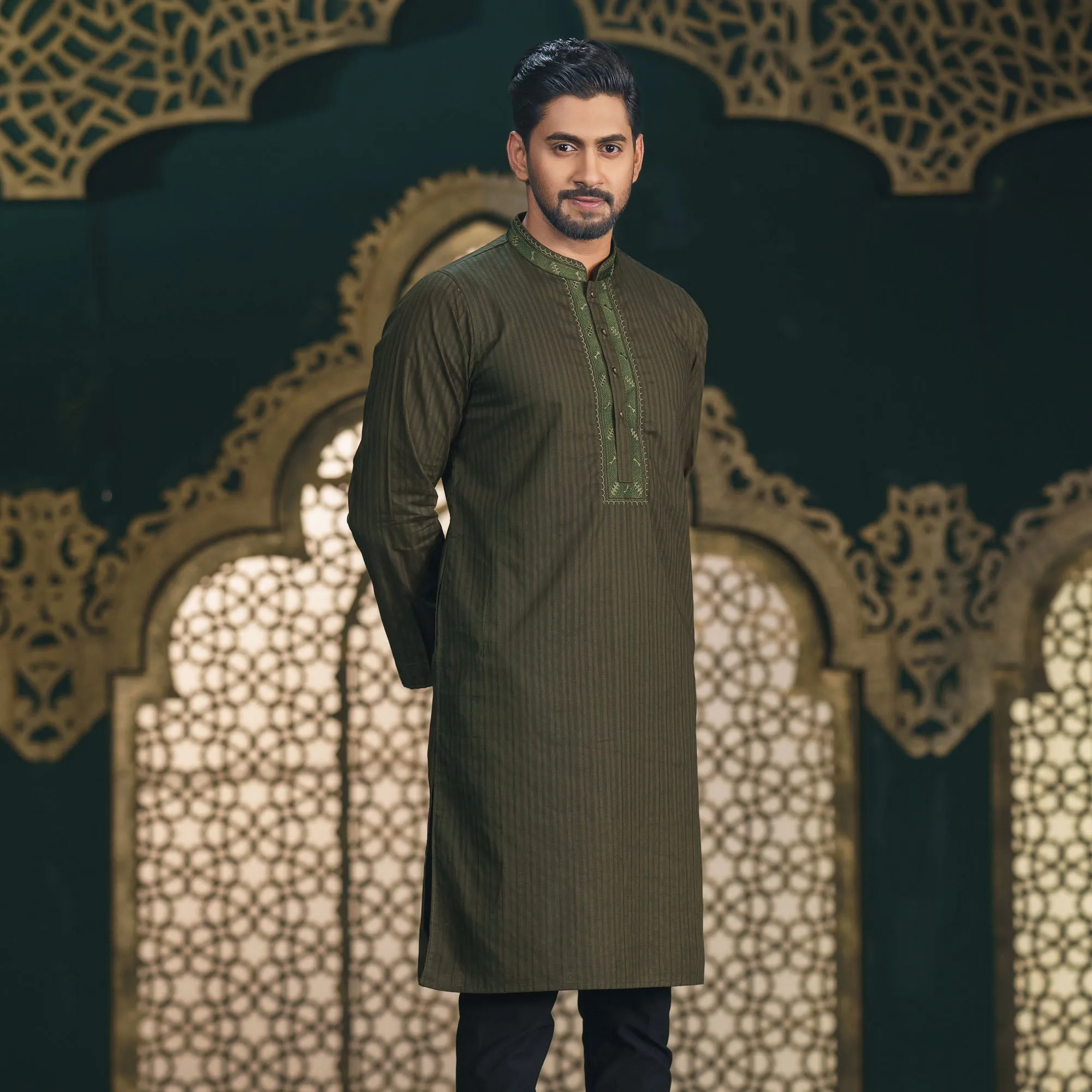 Mens Olive Embroidered Panjabi