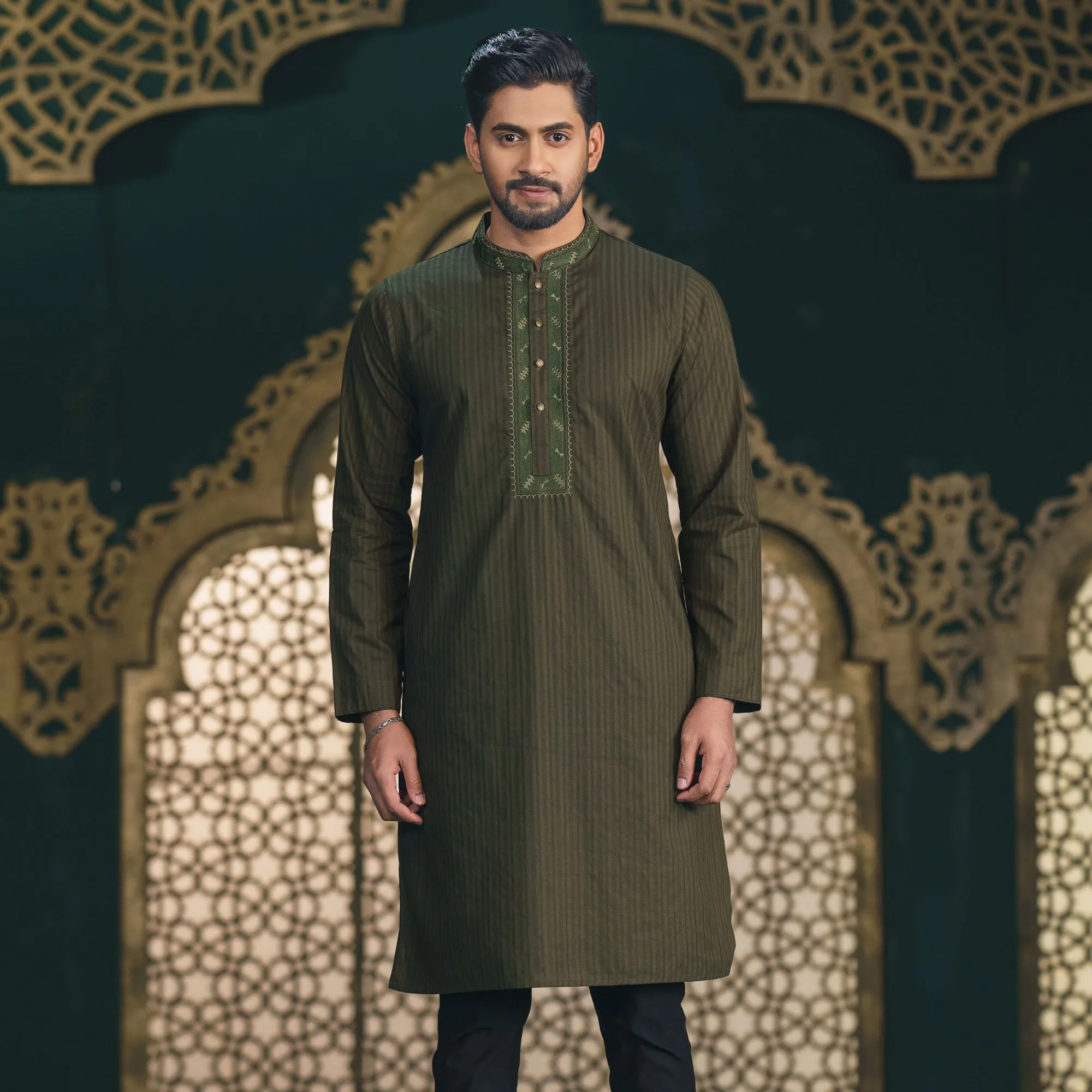 Mens Olive Embroidered Panjabi