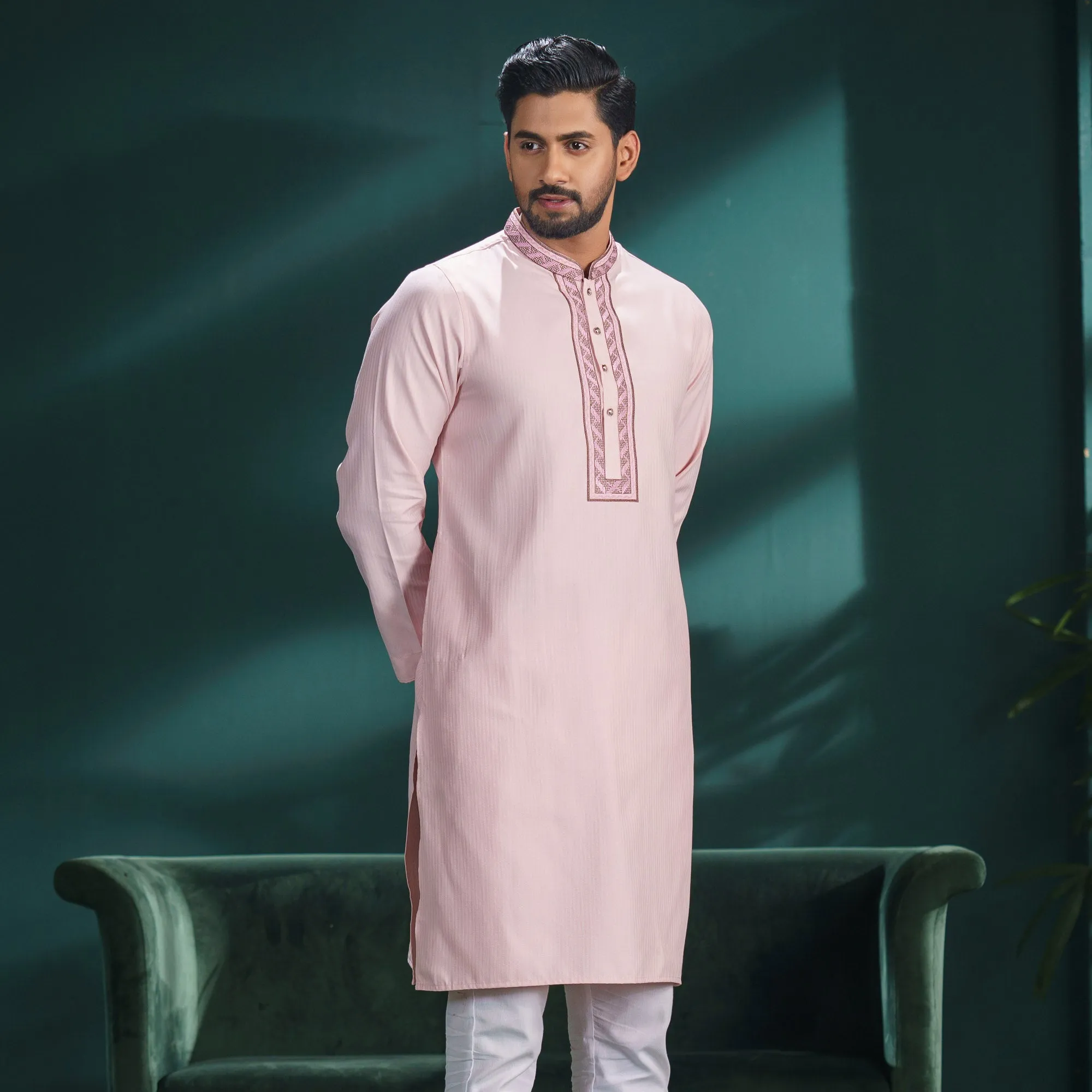 Mens Pink Embroidered Panjabi