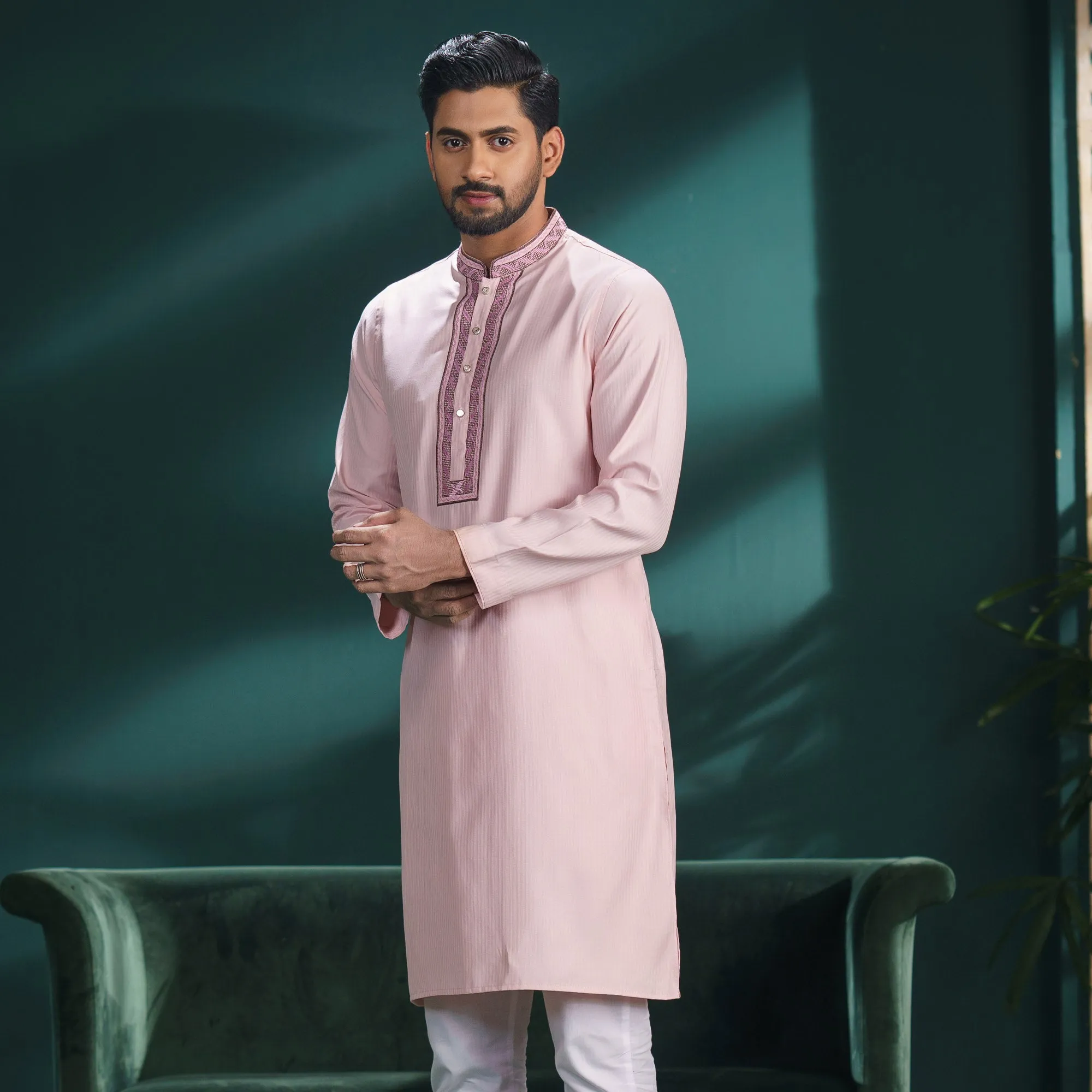 Mens Pink Embroidered Panjabi