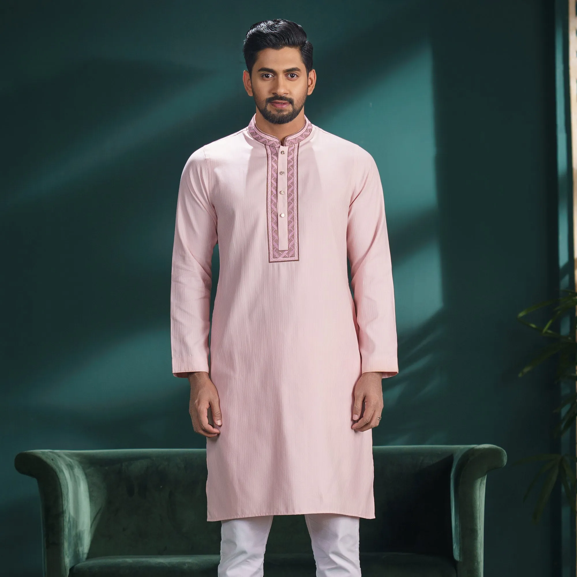 Mens Pink Embroidered Panjabi