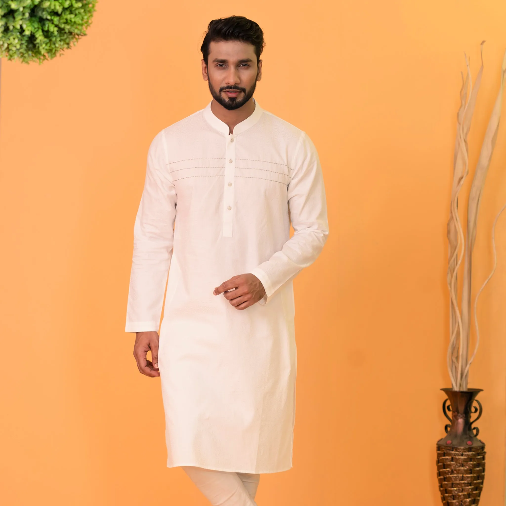 Mens White Embroidered Panjabi