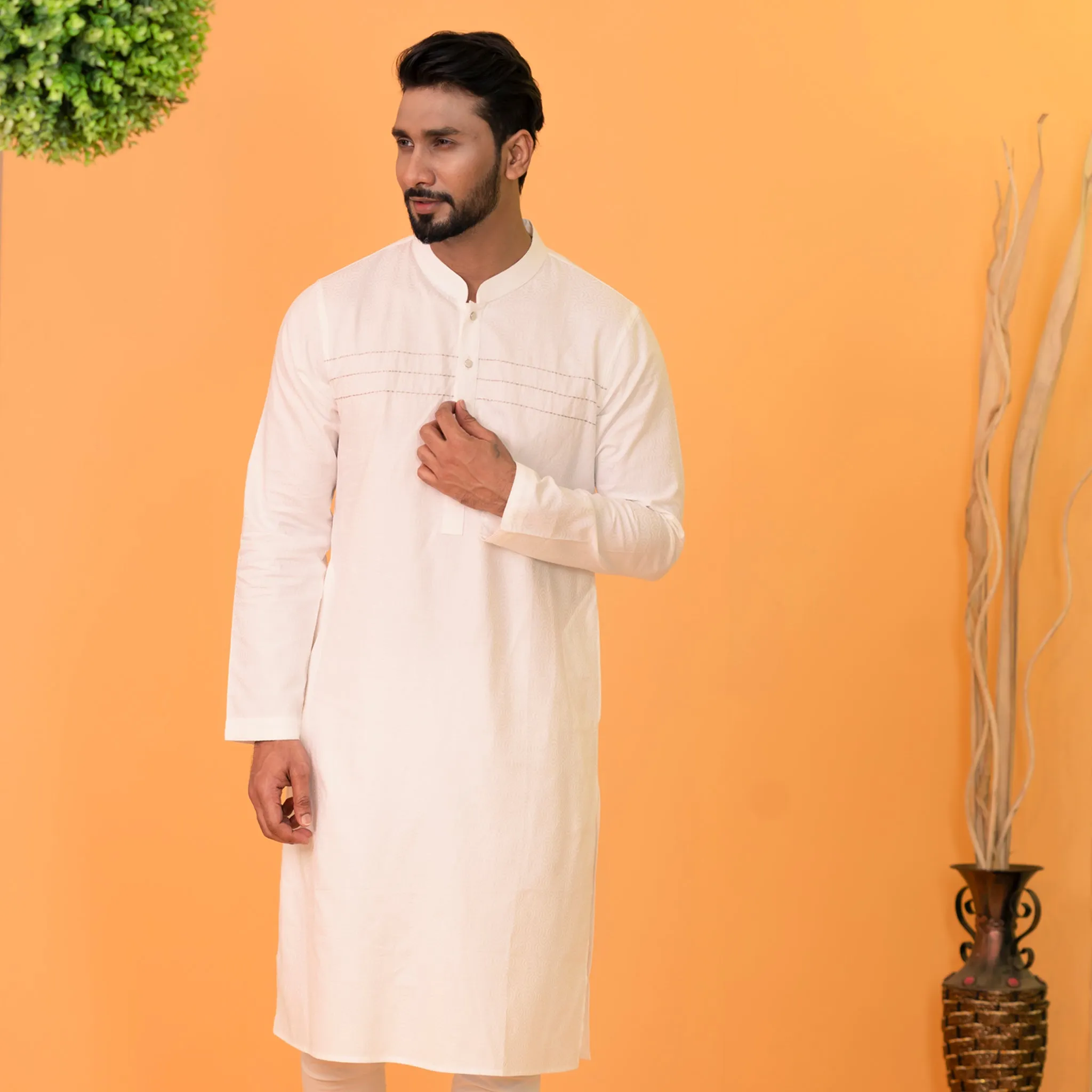 Mens White Embroidered Panjabi