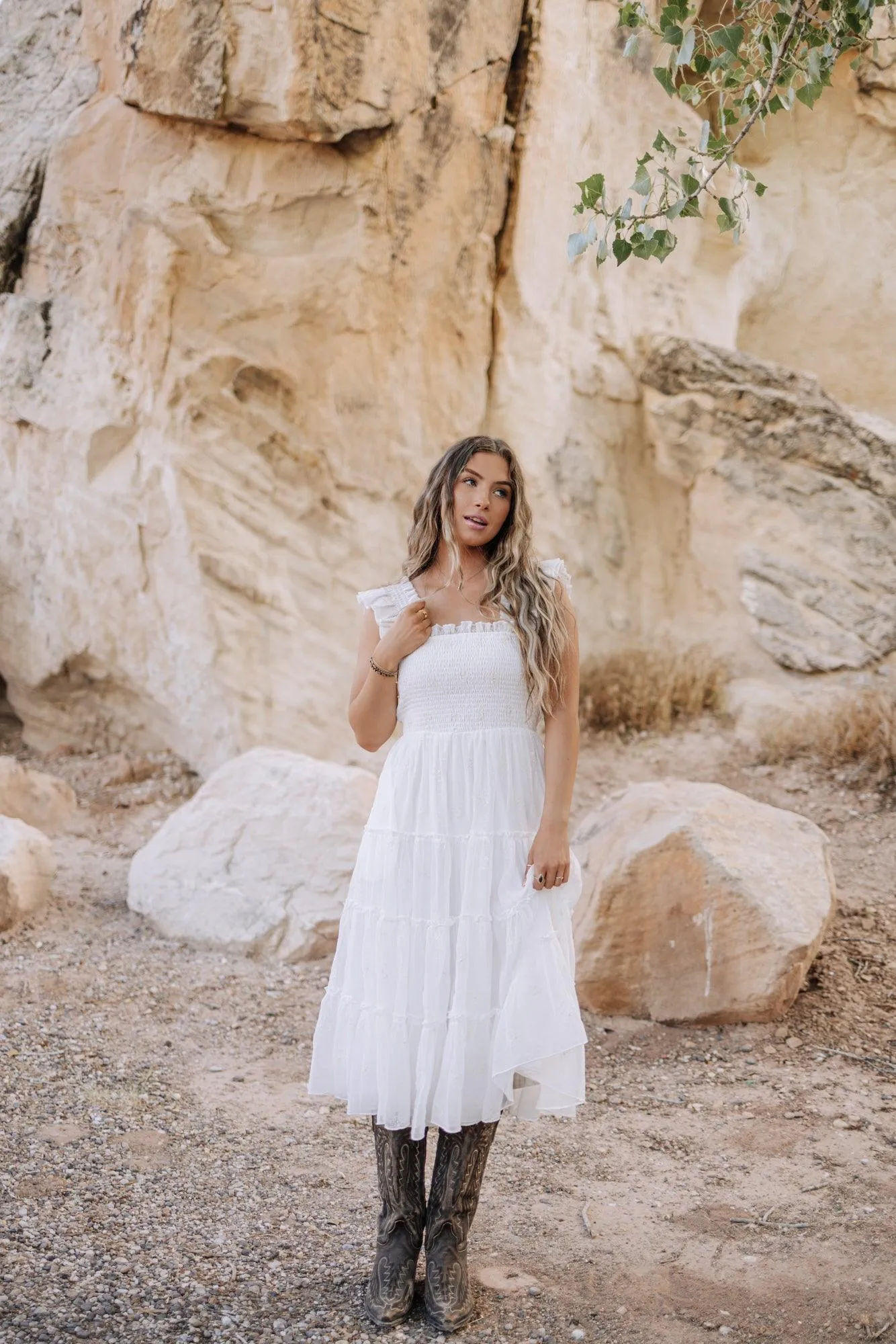 Michaela Floral Embroidered Dress in White