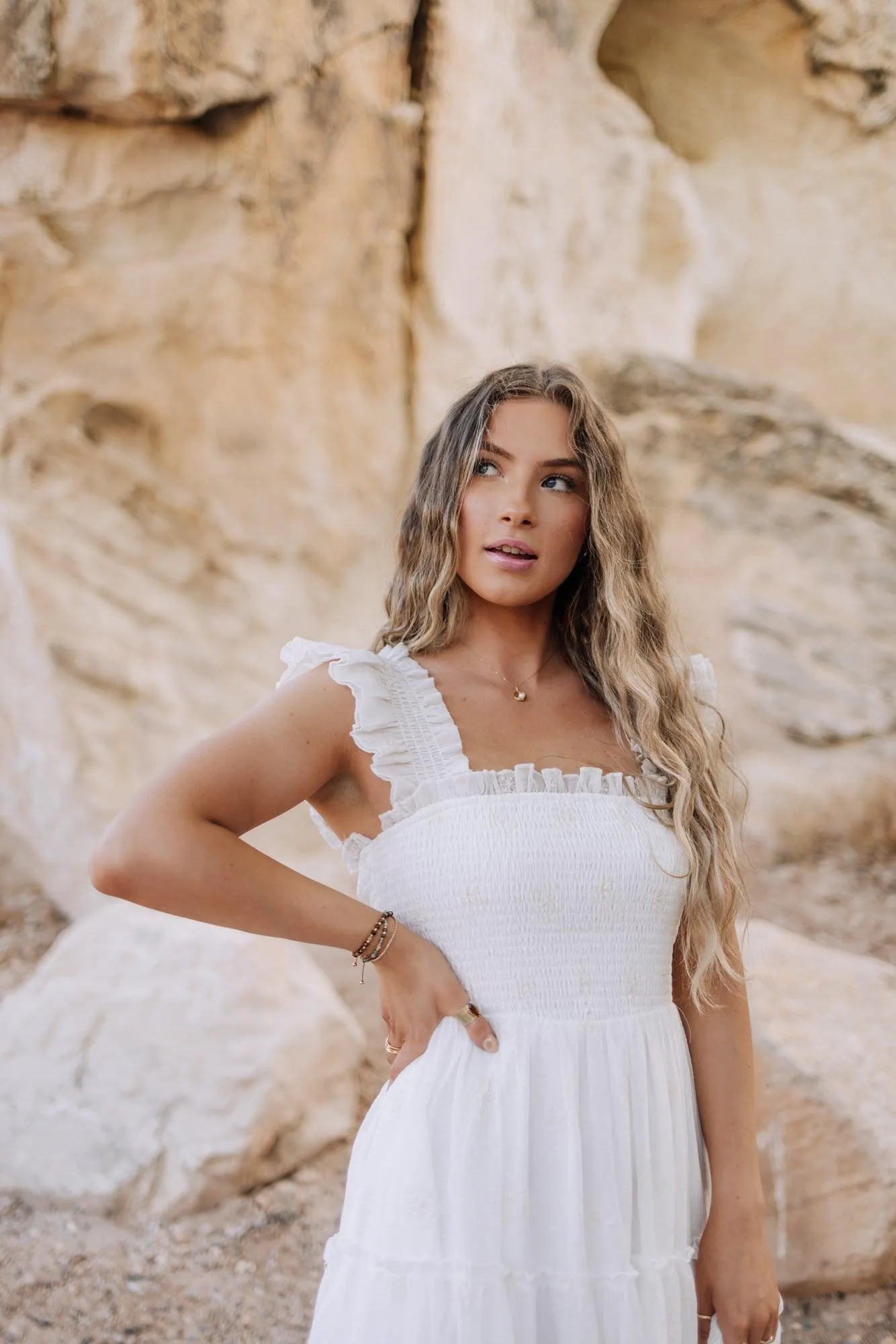 Michaela Floral Embroidered Dress in White
