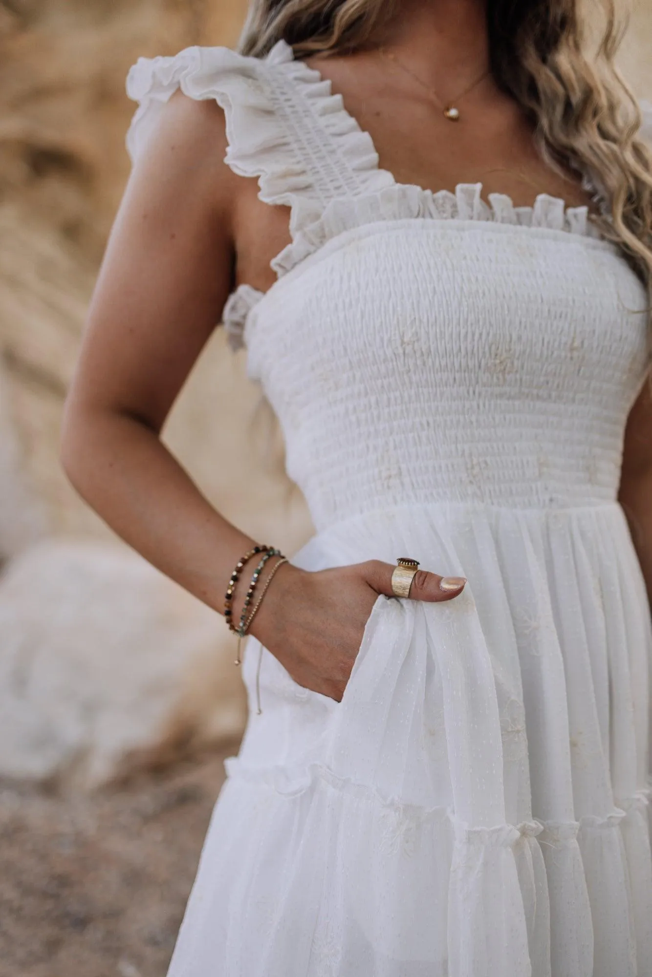 Michaela Floral Embroidered Dress in White
