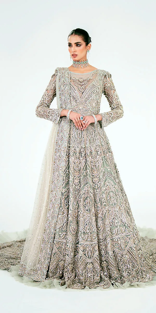 Mint Green Pakistani Bridal Dress in Gown Dupatta Style