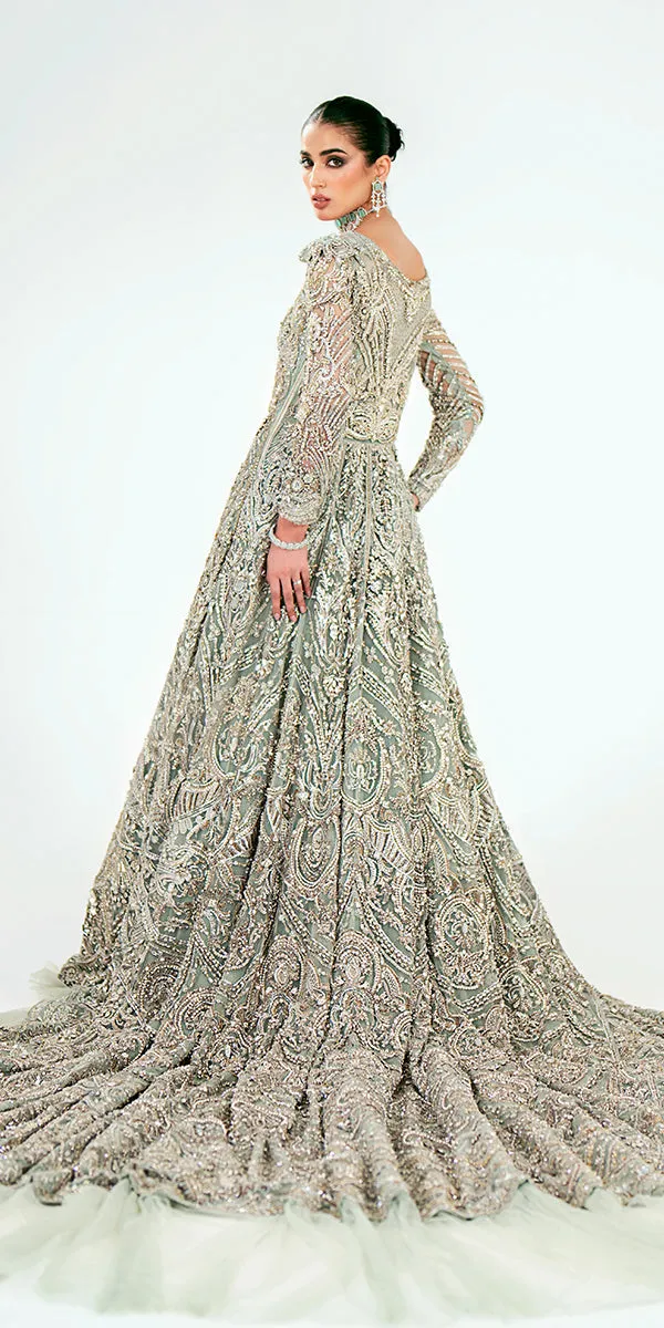 Mint Green Pakistani Bridal Dress in Gown Dupatta Style