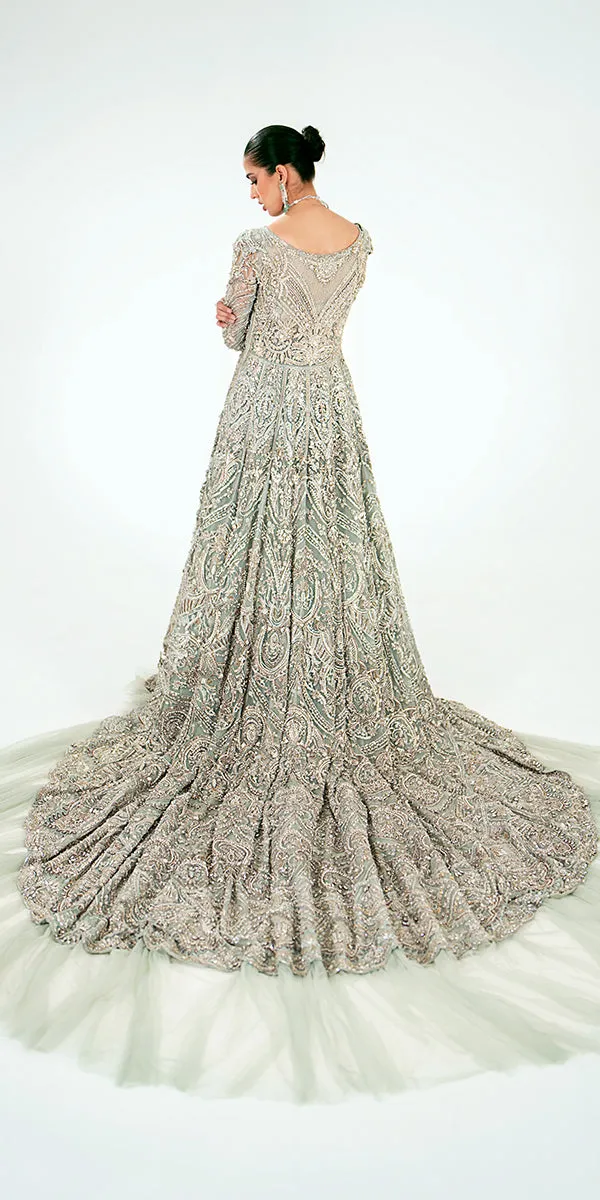 Mint Green Pakistani Bridal Dress in Gown Dupatta Style