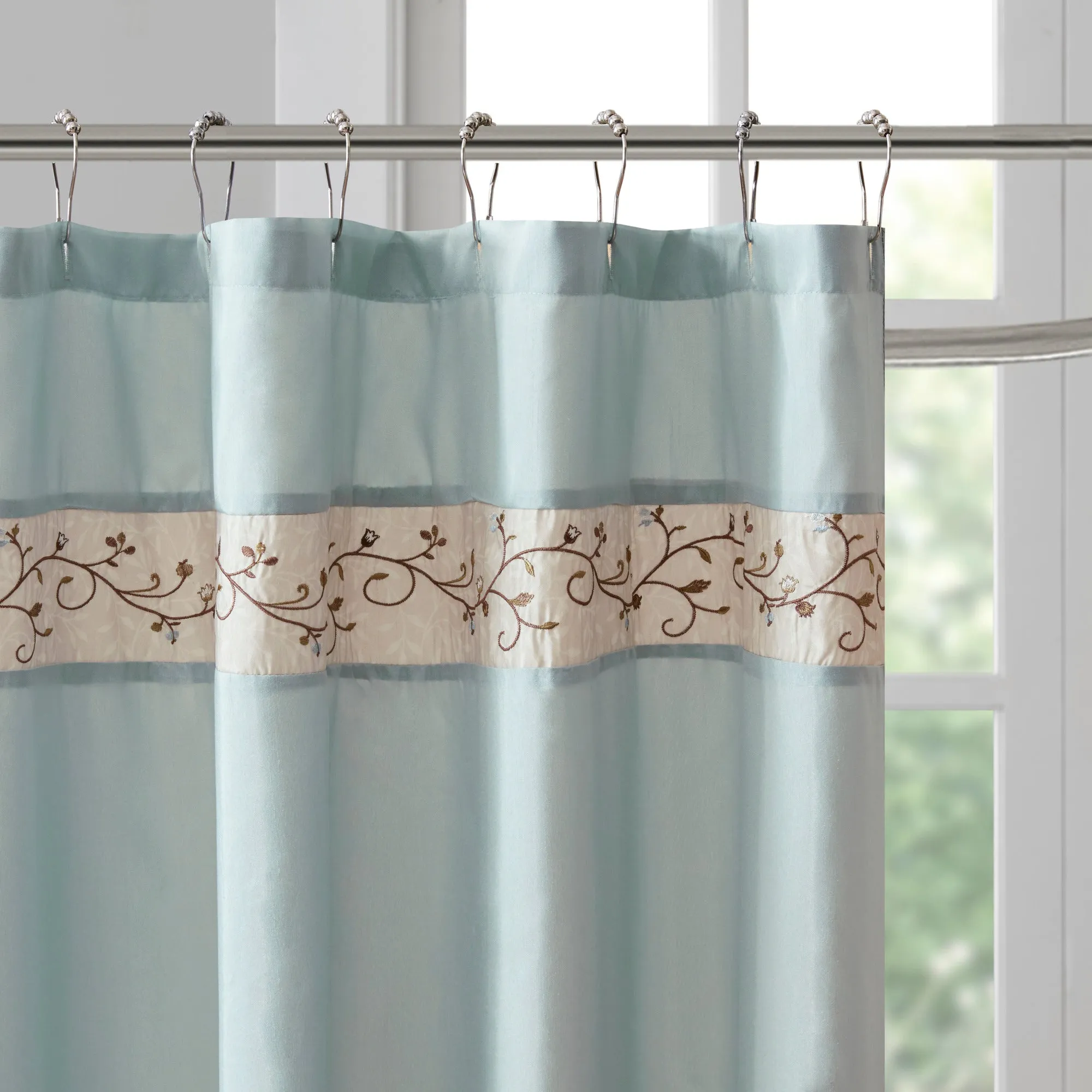 Monroe Faux Silk Embroidered Floral Shower Curtain