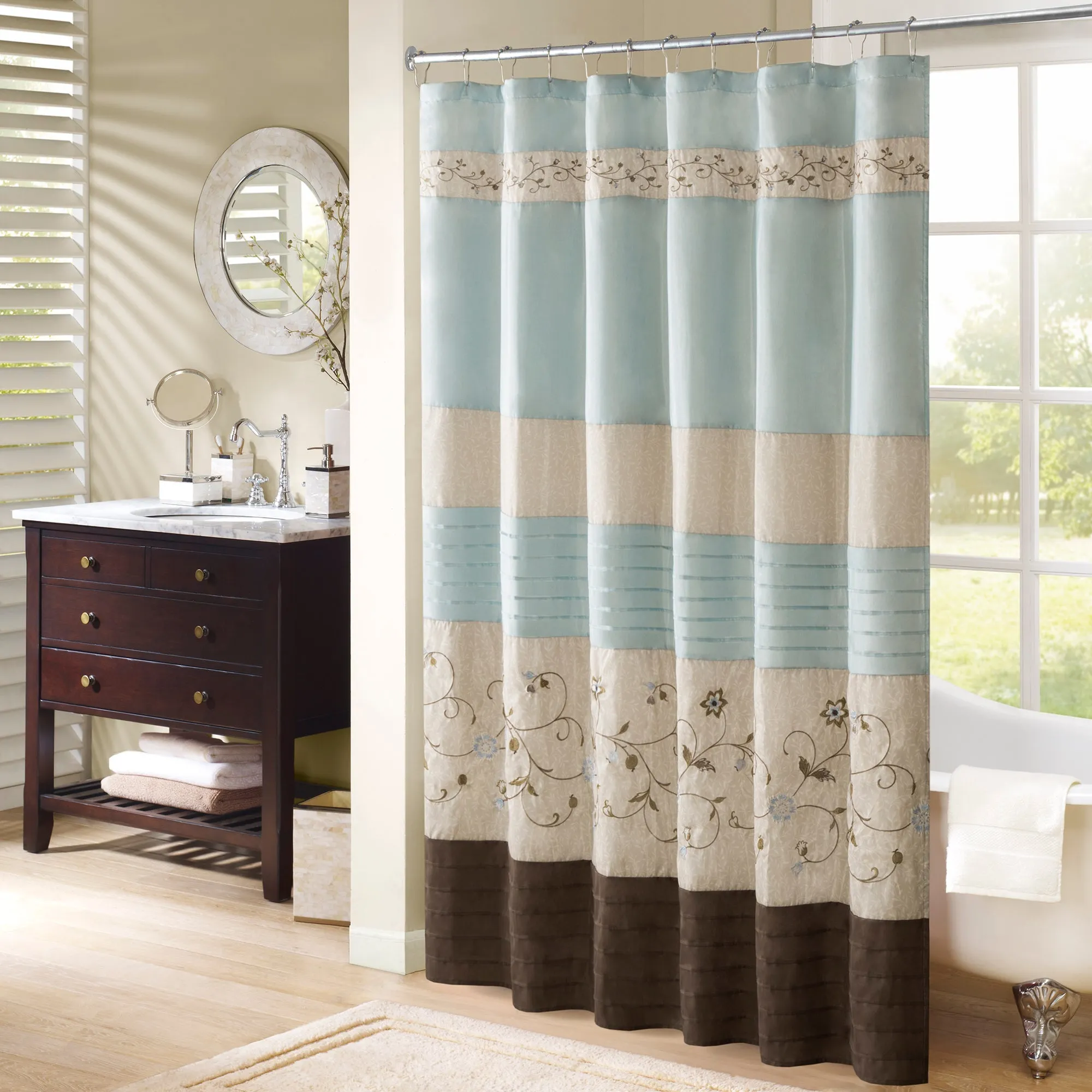 Monroe Faux Silk Embroidered Floral Shower Curtain