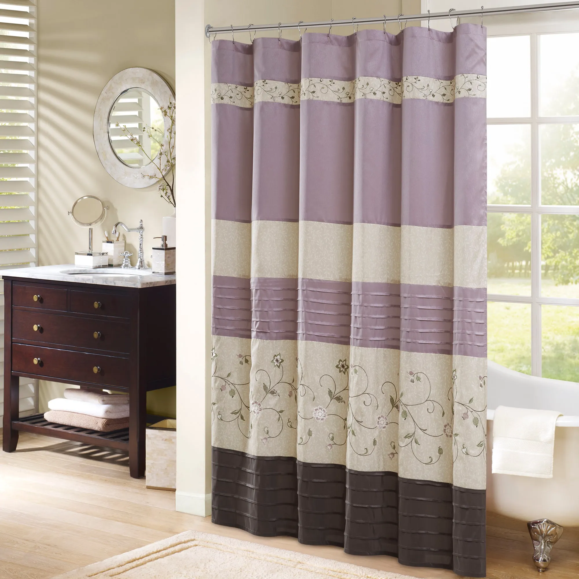Monroe Faux Silk Embroidered Floral Shower Curtain