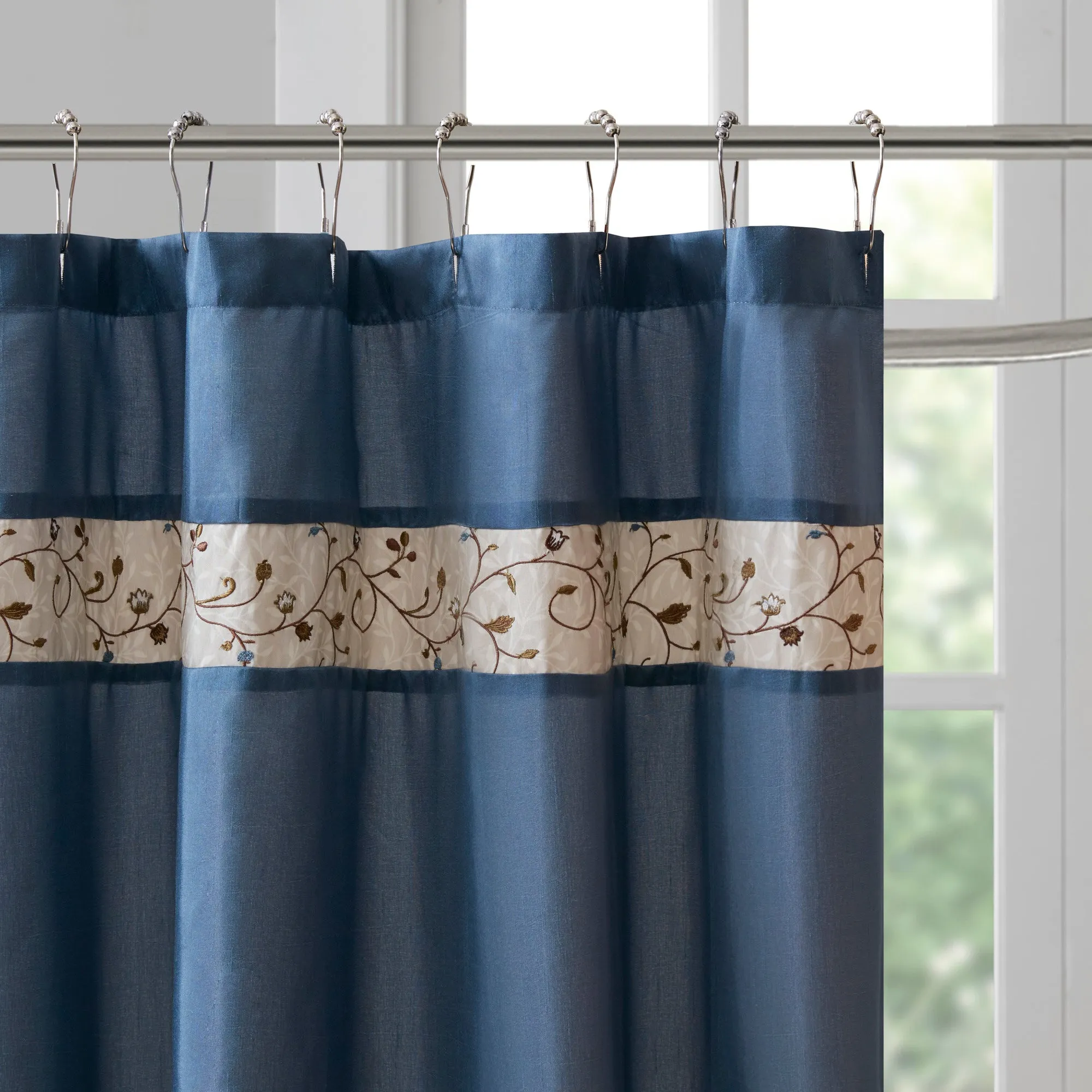 Monroe Faux Silk Embroidered Floral Shower Curtain