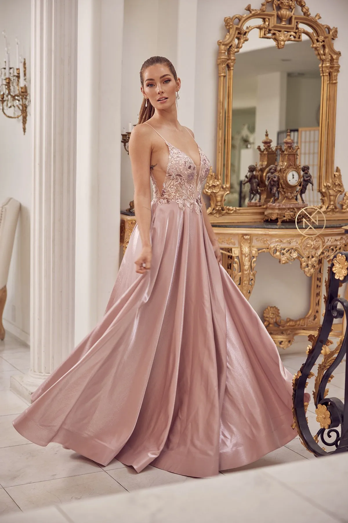 N E1004 - Metallic A-Line Prom Gown with Sheer Floral Embroidered Bodice  & Open Back