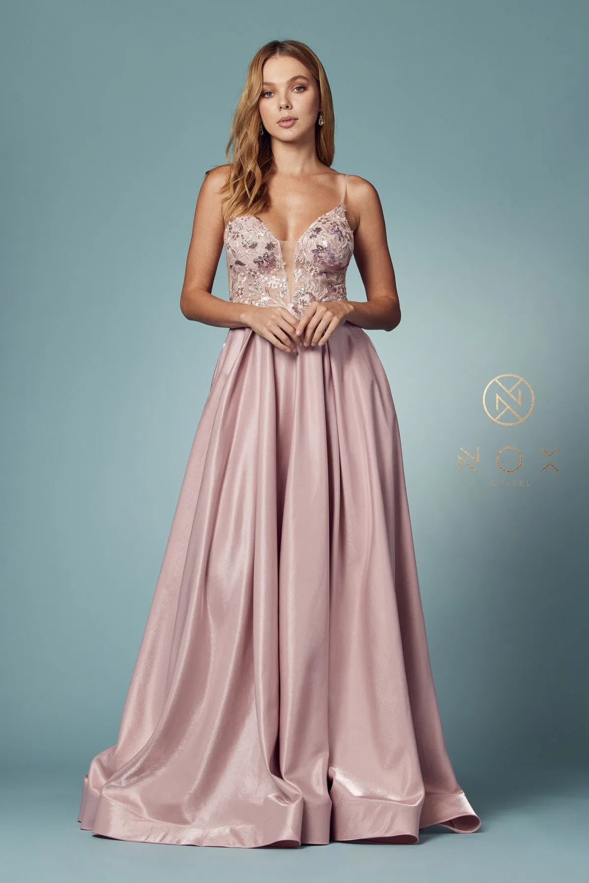 N E1004 - Metallic A-Line Prom Gown with Sheer Floral Embroidered Bodice  & Open Back