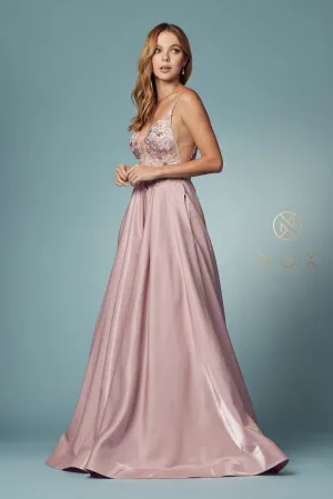 N E1004 - Metallic A-Line Prom Gown with Sheer Floral Embroidered Bodice  & Open Back
