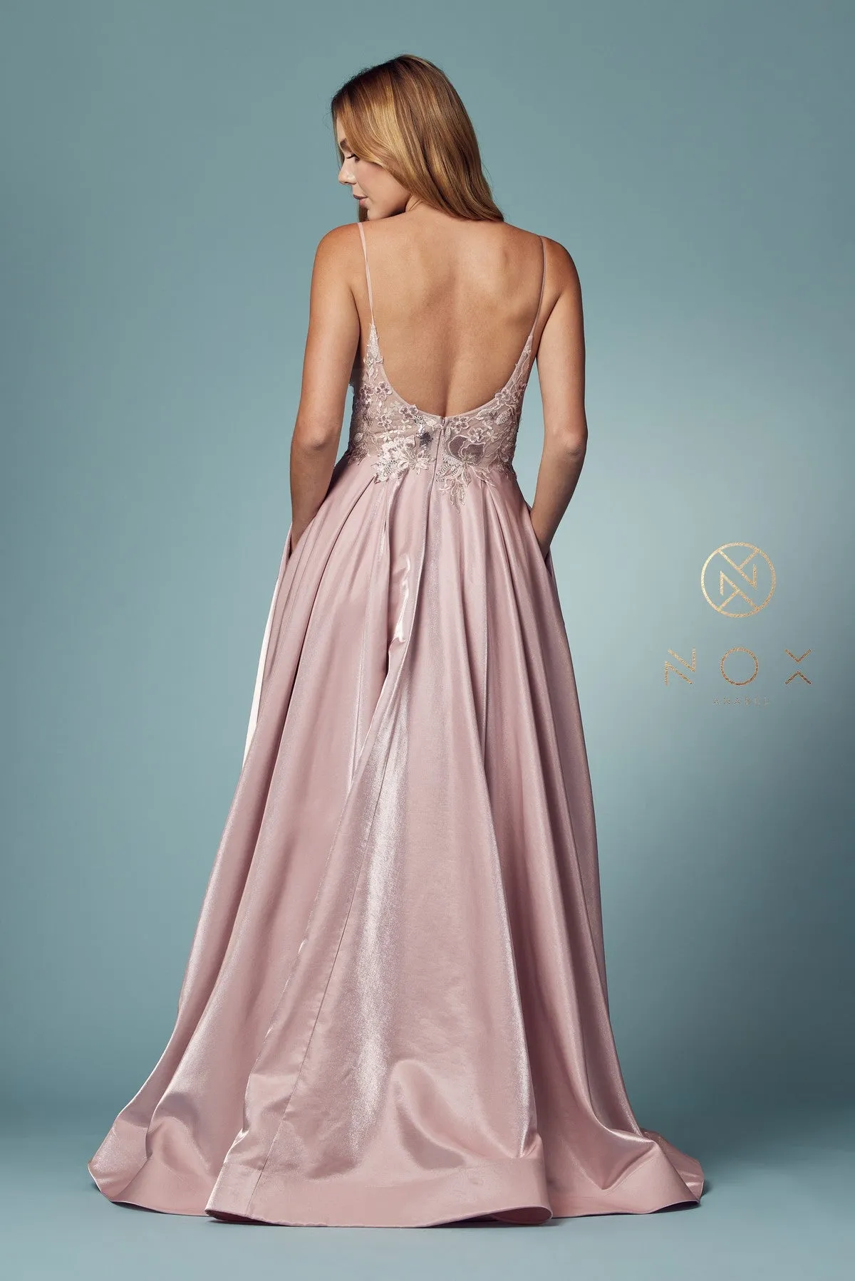 N E1004 - Metallic A-Line Prom Gown with Sheer Floral Embroidered Bodice  & Open Back