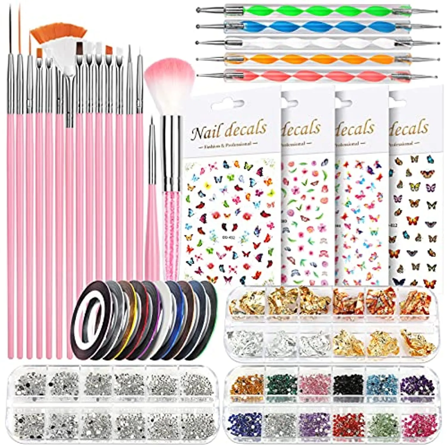 Nail Art Brushes, Nail Dotting Tools, Nail Dust Brush, Teenitor Nail Art Kit for beginners, Butterfly Nail Art Stickers, Nail Art Rhinestone, Nail Art Foil, Nail Art Striping Tapes, Nail Design Kit