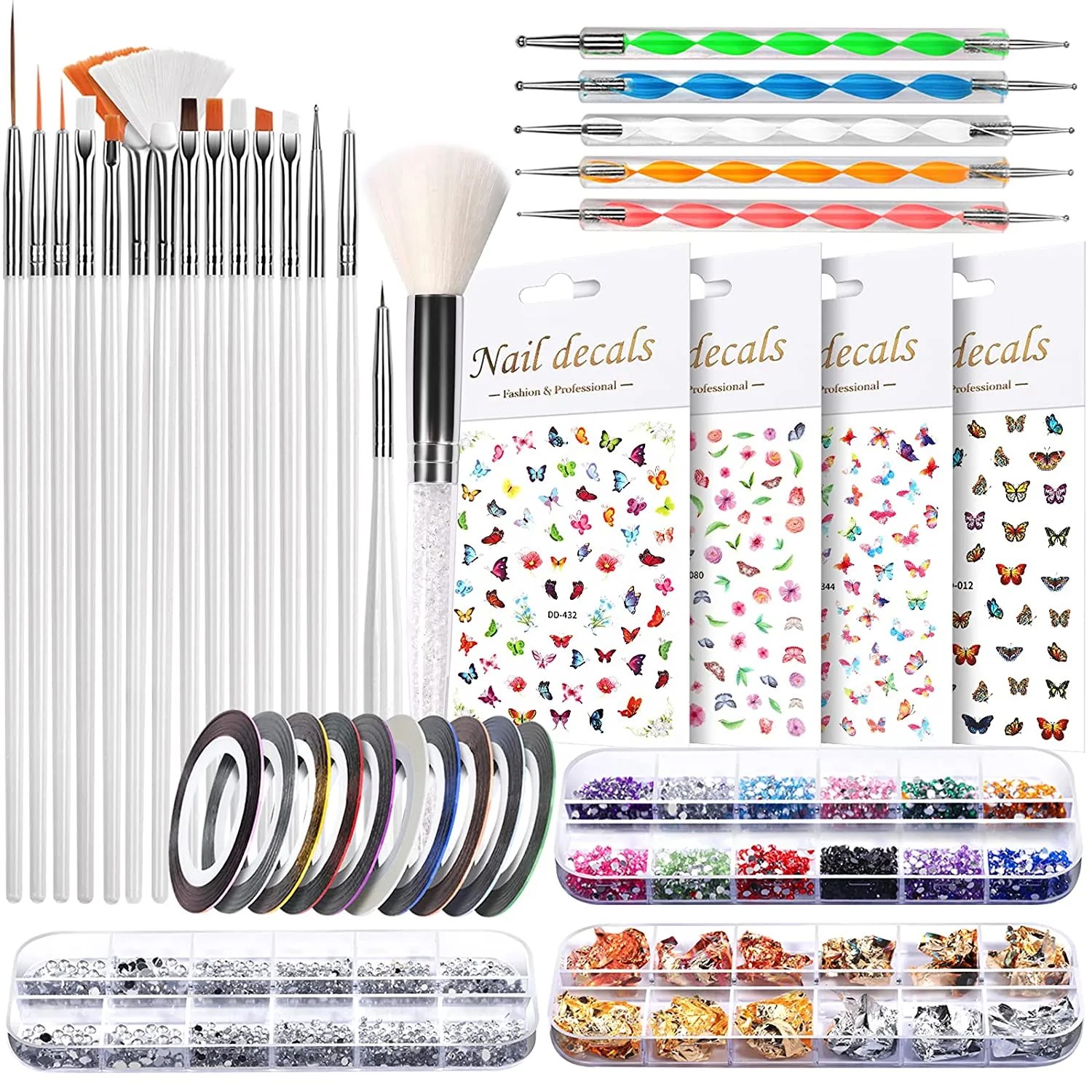 Nail Art Brushes, Nail Dotting Tools, Nail Dust Brush, Teenitor Nail Art Kit for beginners, Butterfly Nail Art Stickers, Nail Art Rhinestone, Nail Art Foil, Nail Art Striping Tapes, Nail Design Kit