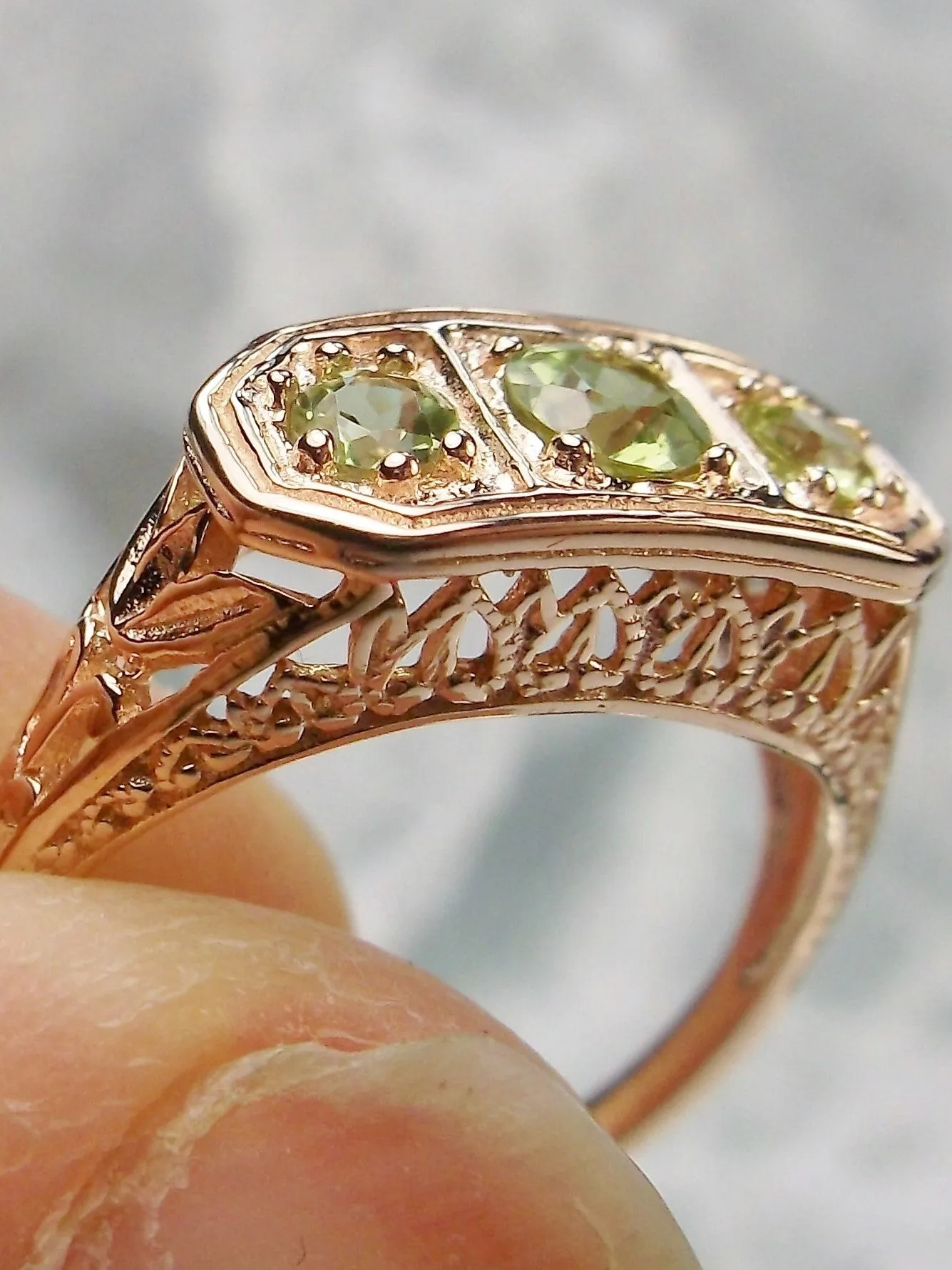 Natural Green Peridot Ring, Rose Gold plated Sterling Silver Lily Leaf Filigree, Edwardian Jewelry #D197