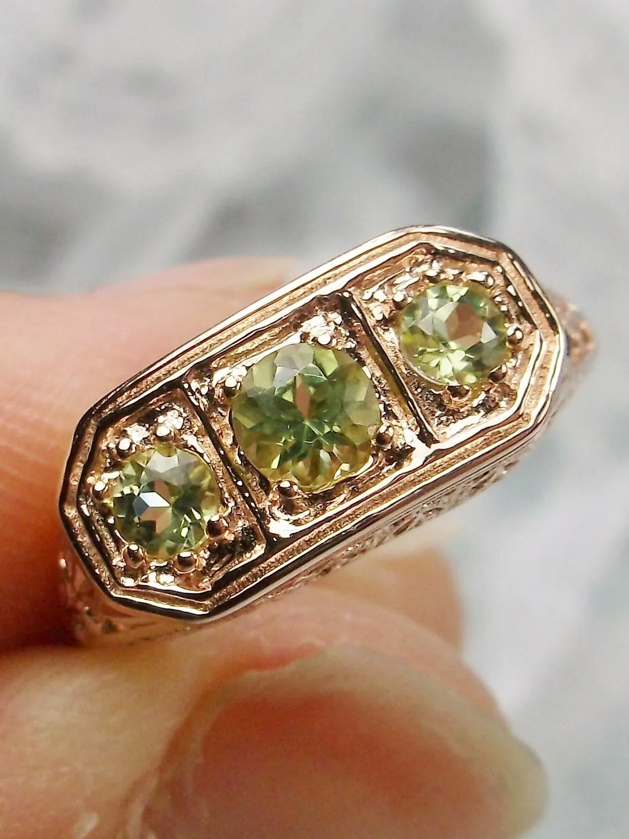 Natural Green Peridot Ring, Rose Gold plated Sterling Silver Lily Leaf Filigree, Edwardian Jewelry #D197