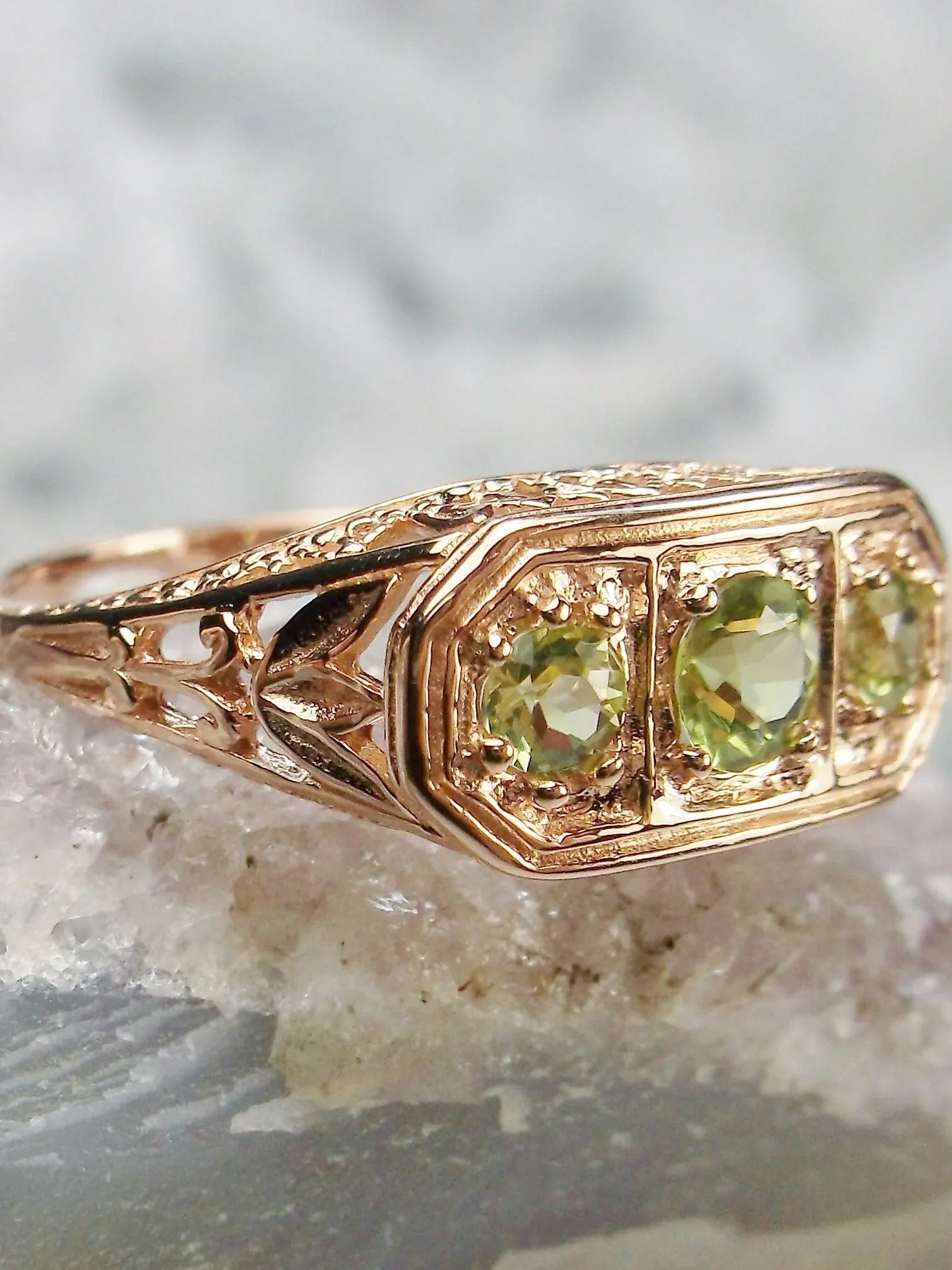 Natural Green Peridot Ring, Rose Gold plated Sterling Silver Lily Leaf Filigree, Edwardian Jewelry #D197