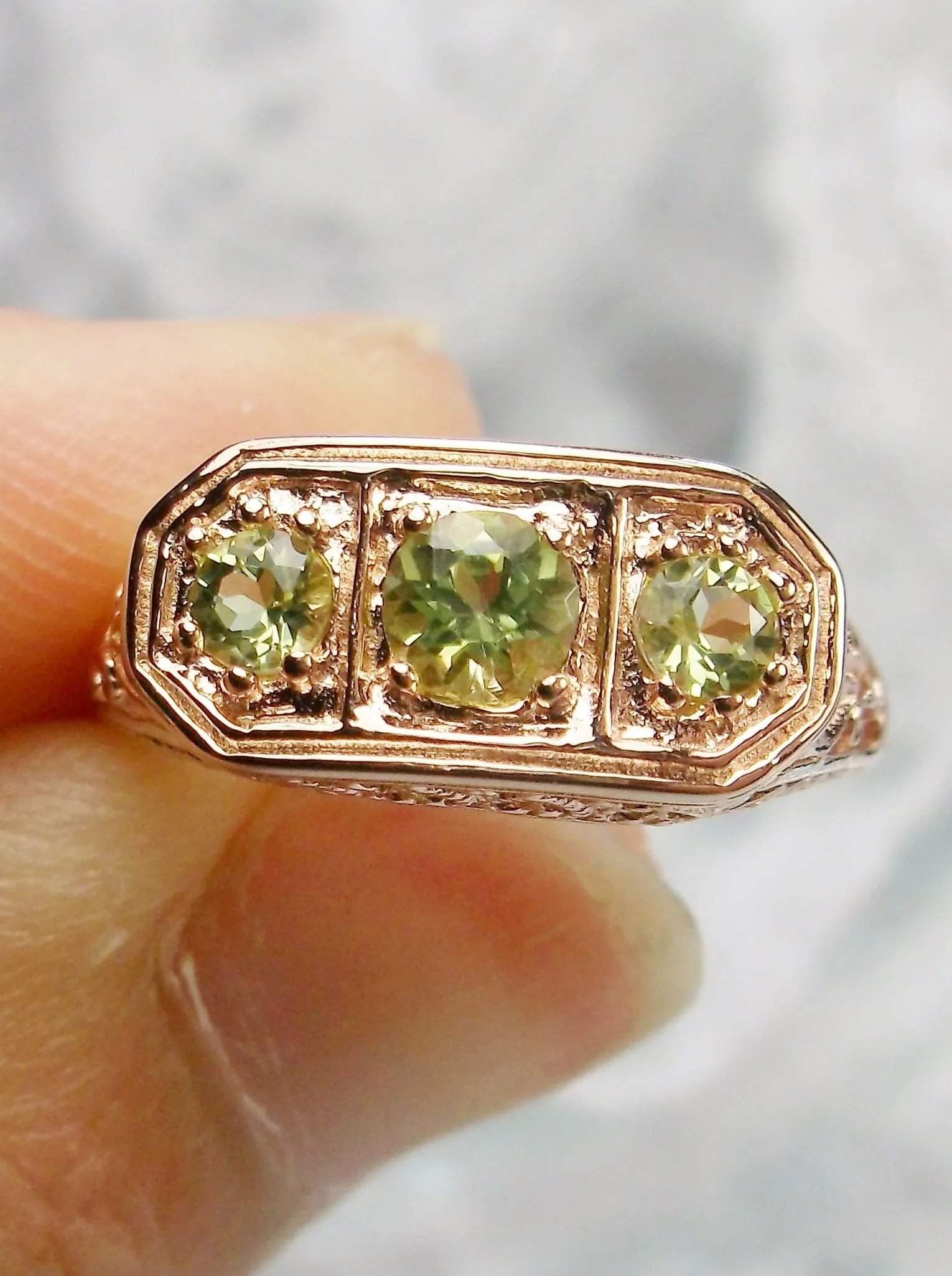 Natural Green Peridot Ring, Rose Gold plated Sterling Silver Lily Leaf Filigree, Edwardian Jewelry #D197