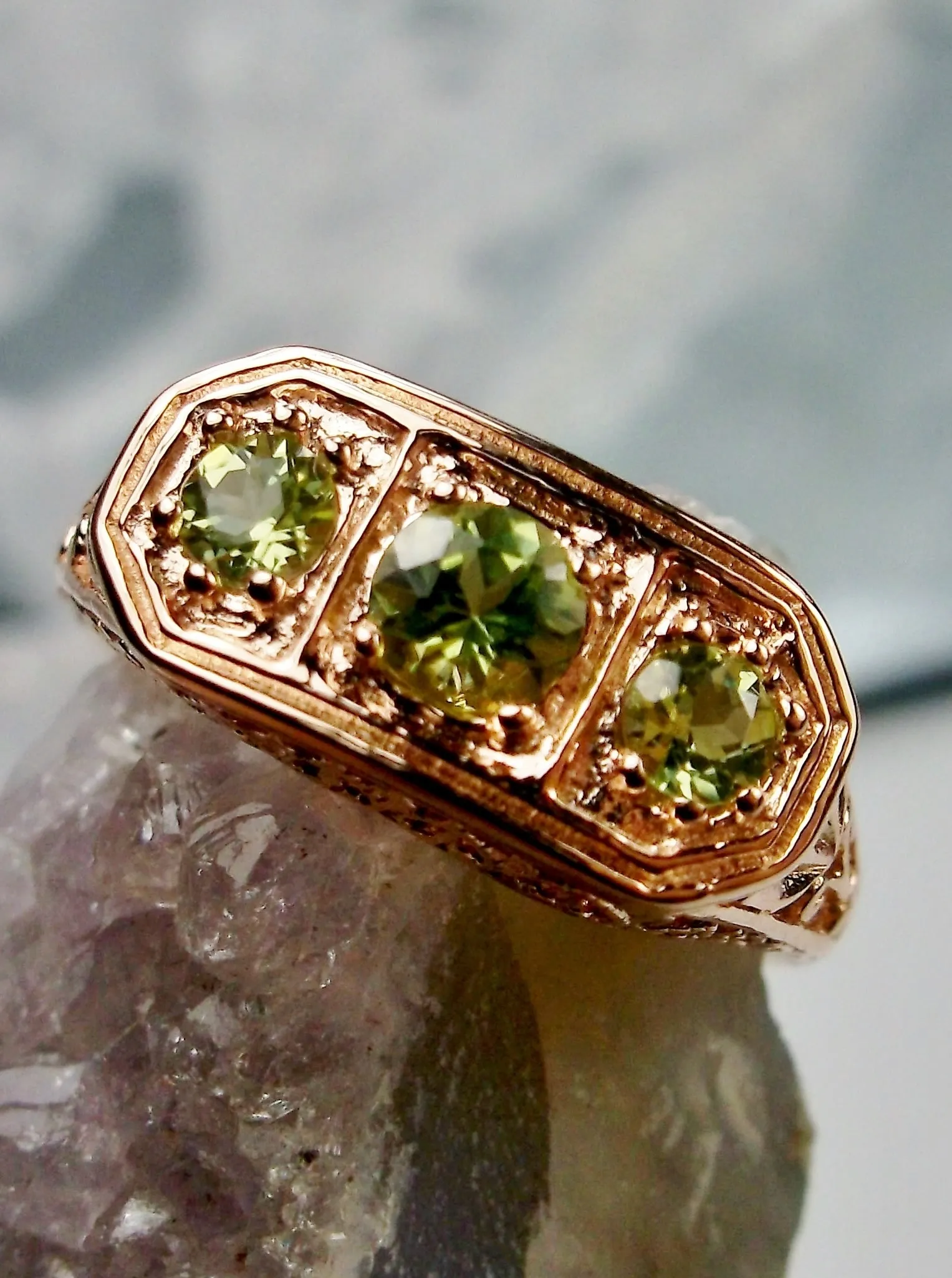 Natural Green Peridot Ring, Rose Gold plated Sterling Silver Lily Leaf Filigree, Edwardian Jewelry #D197
