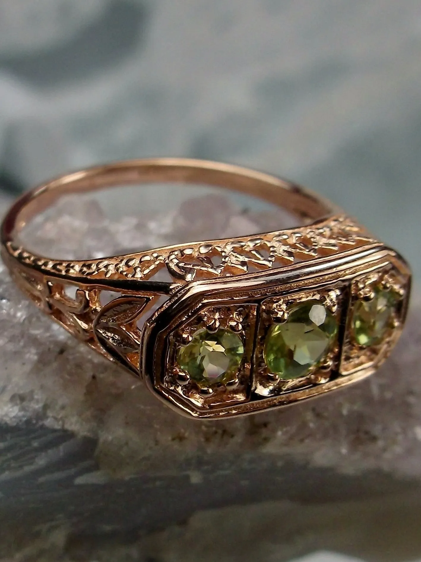Natural Green Peridot Ring, Rose Gold plated Sterling Silver Lily Leaf Filigree, Edwardian Jewelry #D197