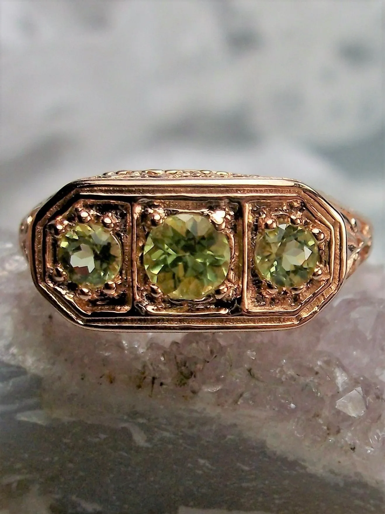 Natural Green Peridot Ring, Rose Gold plated Sterling Silver Lily Leaf Filigree, Edwardian Jewelry #D197