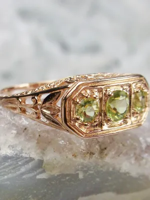 Natural Green Peridot Ring, Rose Gold plated Sterling Silver Lily Leaf Filigree, Edwardian Jewelry #D197