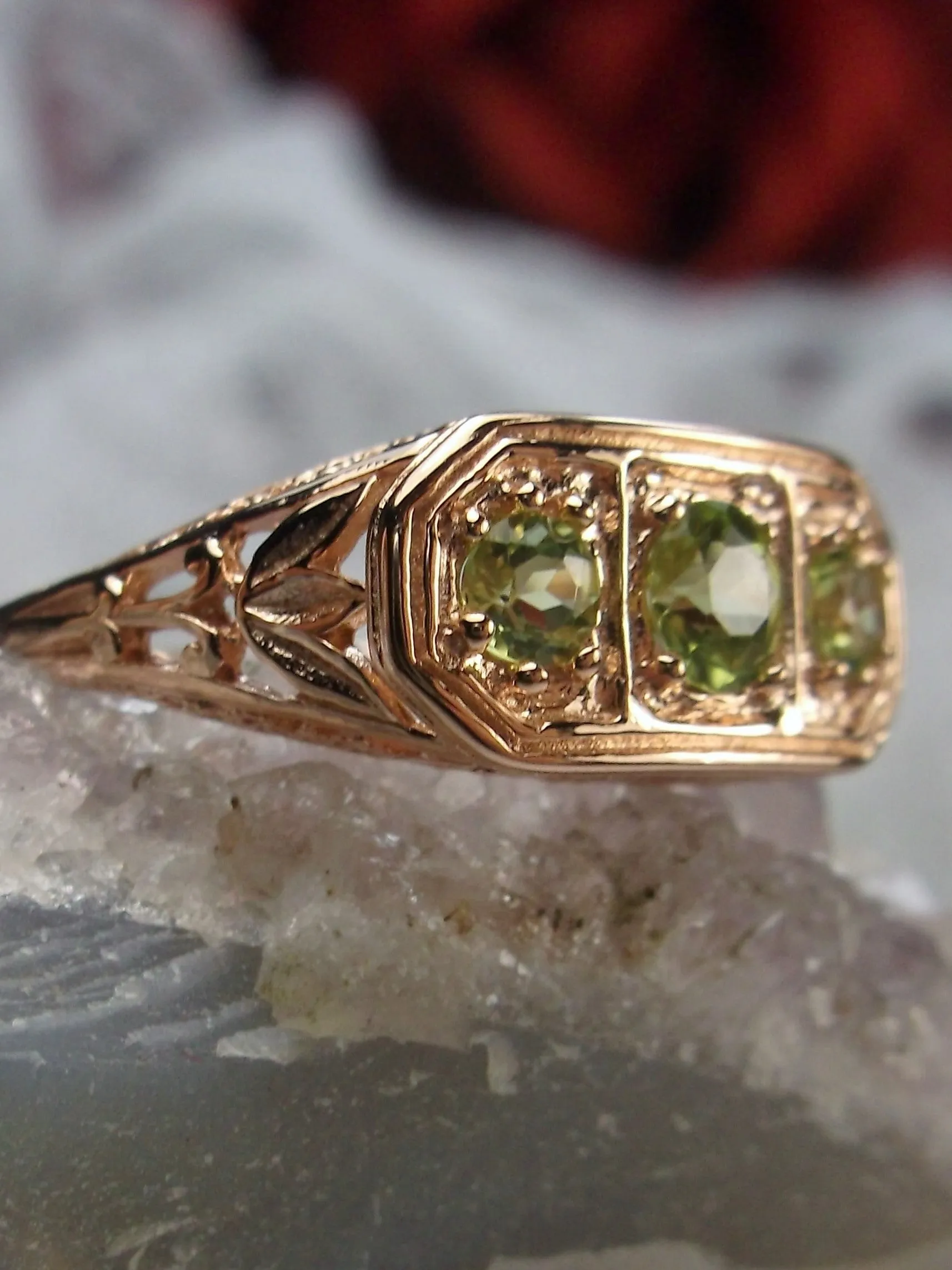 Natural Green Peridot Ring, Rose Gold plated Sterling Silver Lily Leaf Filigree, Edwardian Jewelry #D197