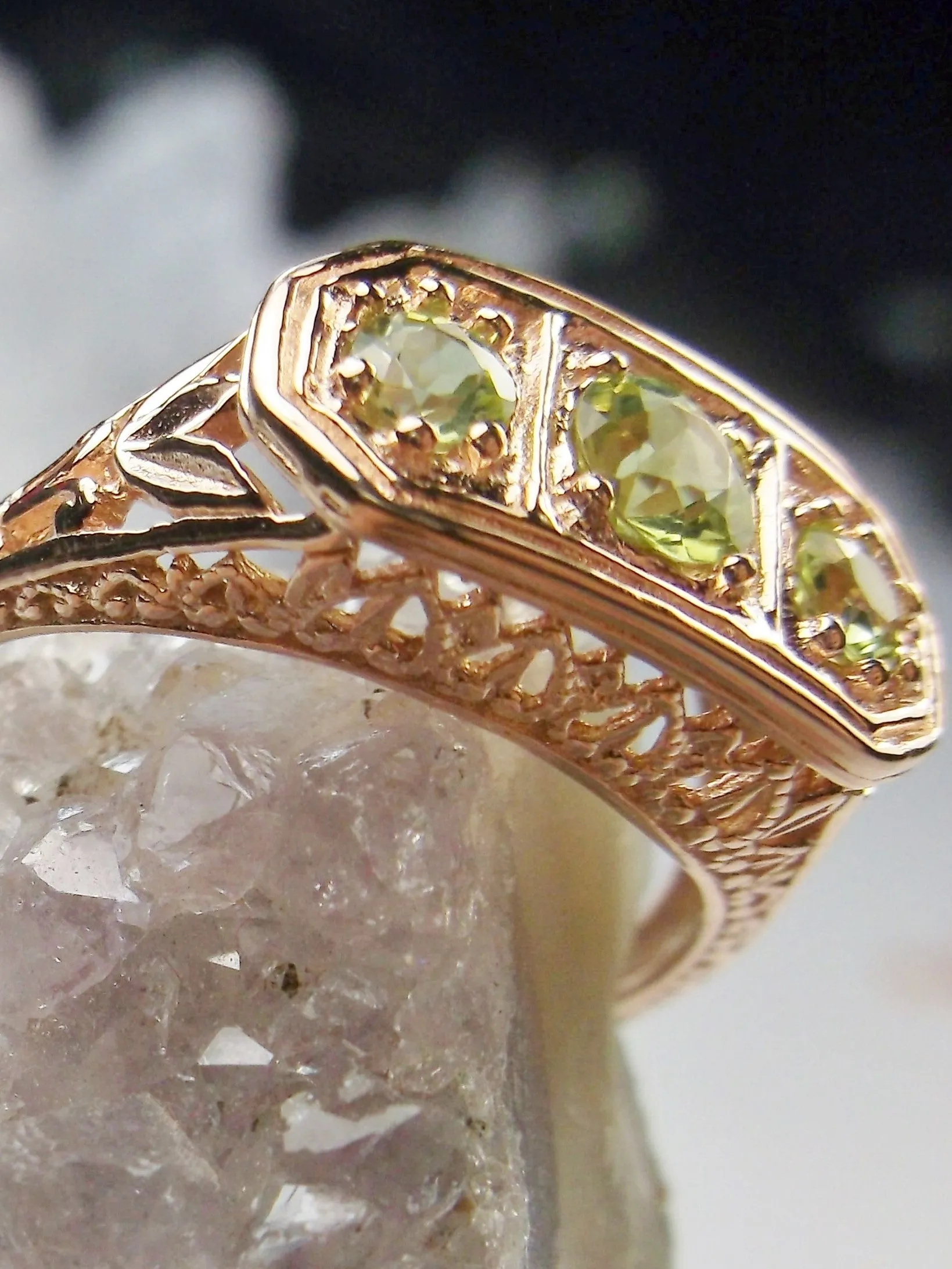 Natural Green Peridot Ring, Rose Gold plated Sterling Silver Lily Leaf Filigree, Edwardian Jewelry #D197