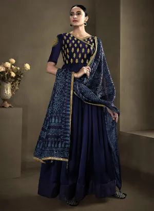 Navy Blue Golden Embroidered Anarkali Suit