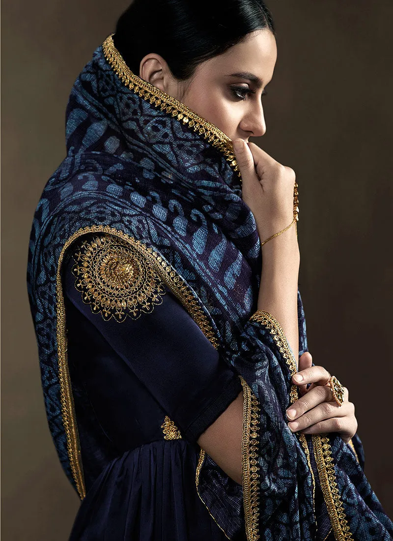 Navy Blue Golden Embroidered Anarkali Suit