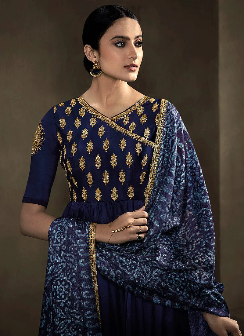 Navy Blue Golden Embroidered Anarkali Suit