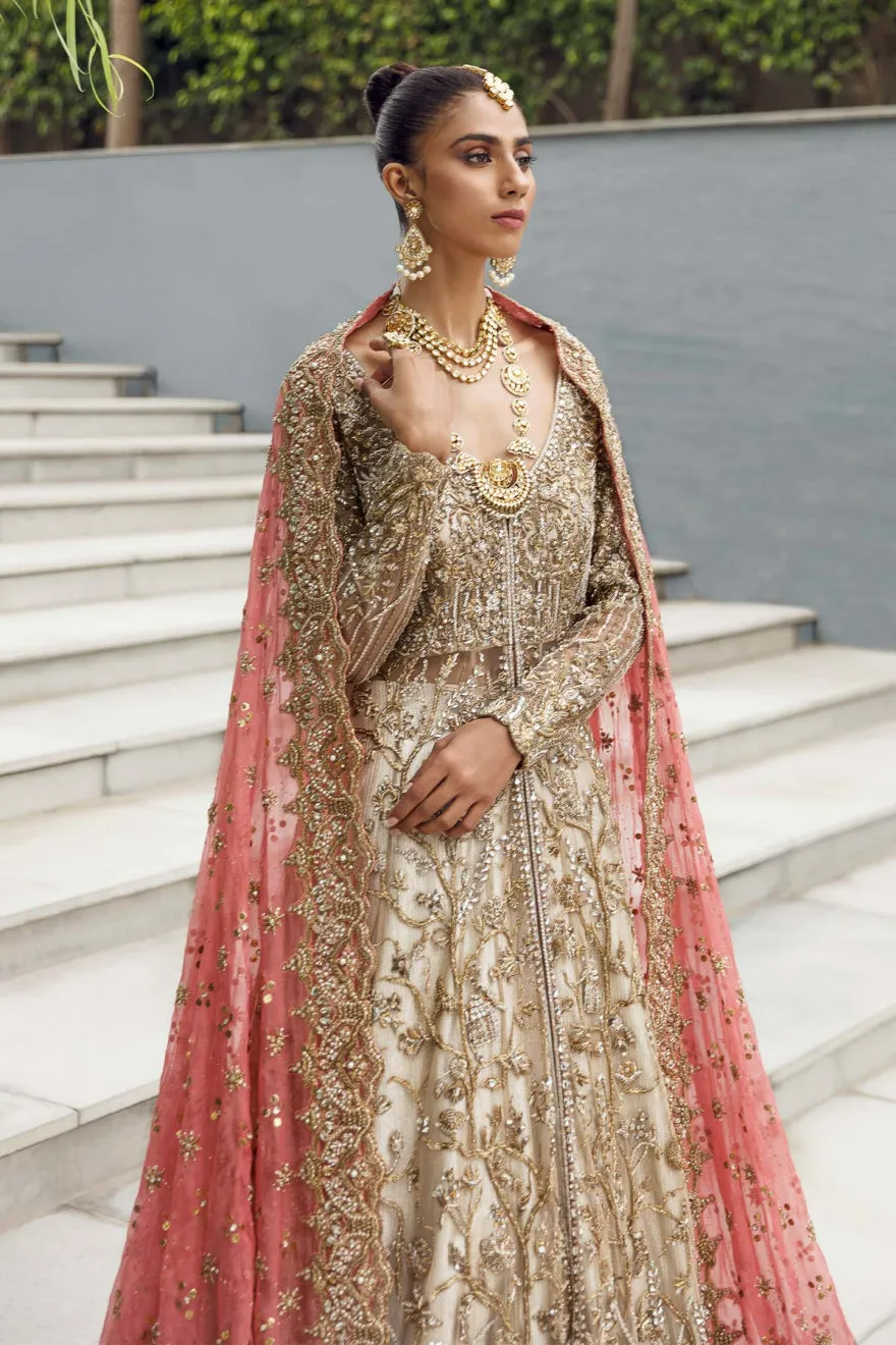 Net Gown Lehenga Dupatta Golden Bridal Dress Pakistani