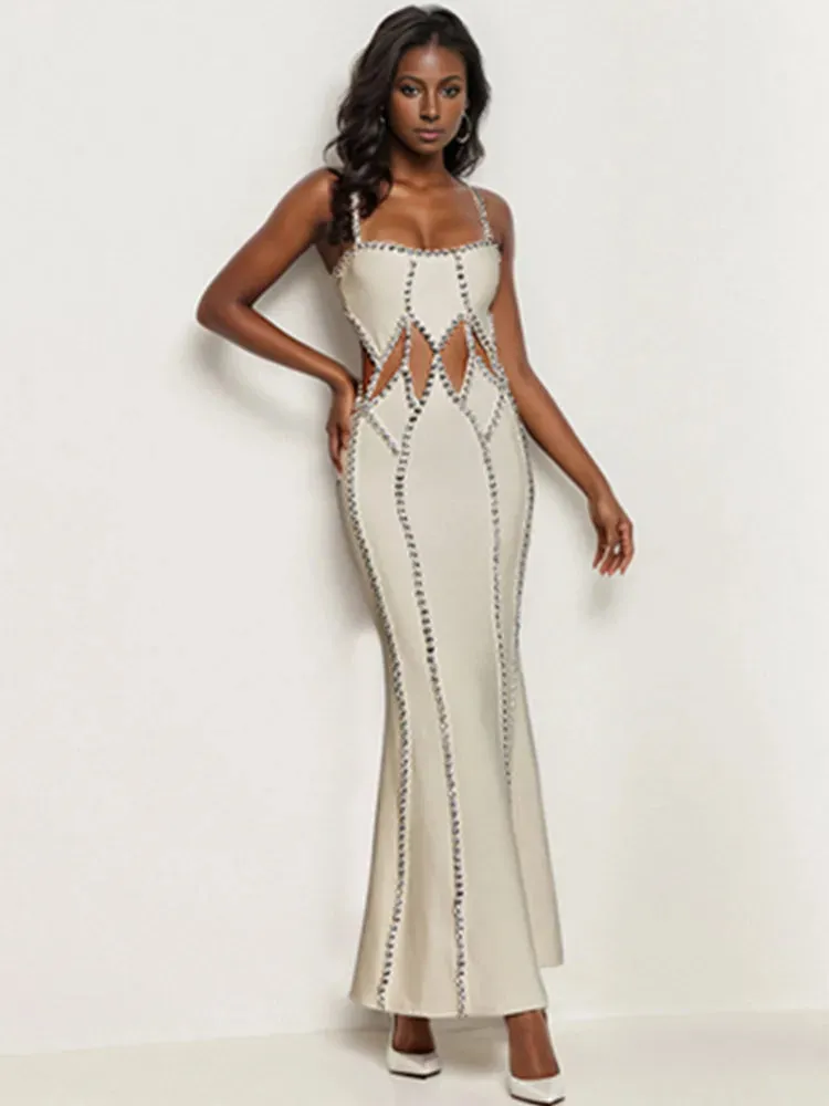 New Fashion Sexy Evening Dress Beading Cut Out Diamonds Beige Long Maxi Bandage Dress Elegant Evening Wedding Party Prom Dress