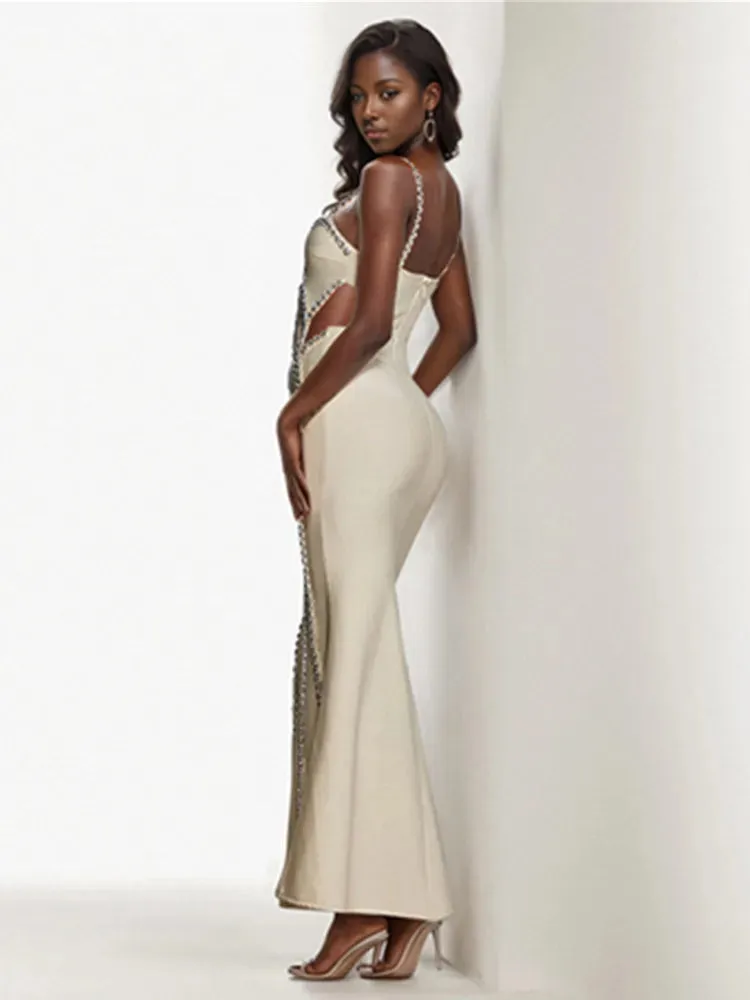 New Fashion Sexy Evening Dress Beading Cut Out Diamonds Beige Long Maxi Bandage Dress Elegant Evening Wedding Party Prom Dress