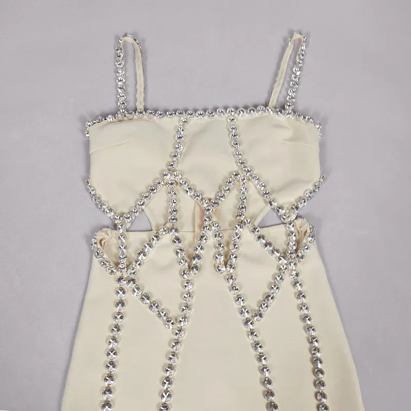 New Fashion Sexy Evening Dress Beading Cut Out Diamonds Beige Long Maxi Bandage Dress Elegant Evening Wedding Party Prom Dress