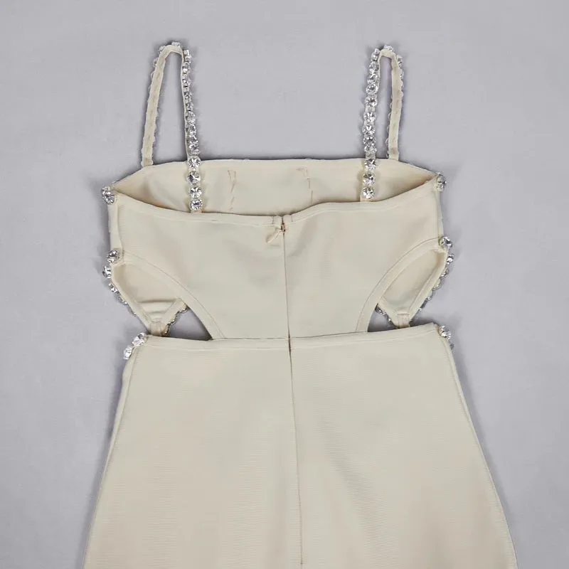 New Fashion Sexy Evening Dress Beading Cut Out Diamonds Beige Long Maxi Bandage Dress Elegant Evening Wedding Party Prom Dress
