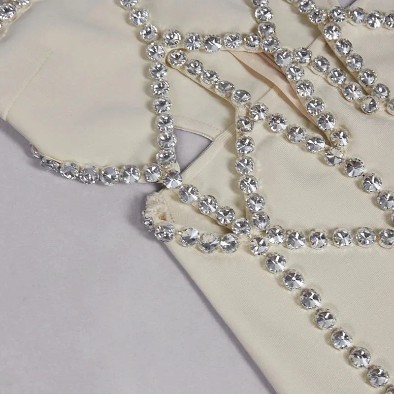 New Fashion Sexy Evening Dress Beading Cut Out Diamonds Beige Long Maxi Bandage Dress Elegant Evening Wedding Party Prom Dress