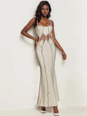 New Fashion Sexy Evening Dress Beading Cut Out Diamonds Beige Long Maxi Bandage Dress Elegant Evening Wedding Party Prom Dress
